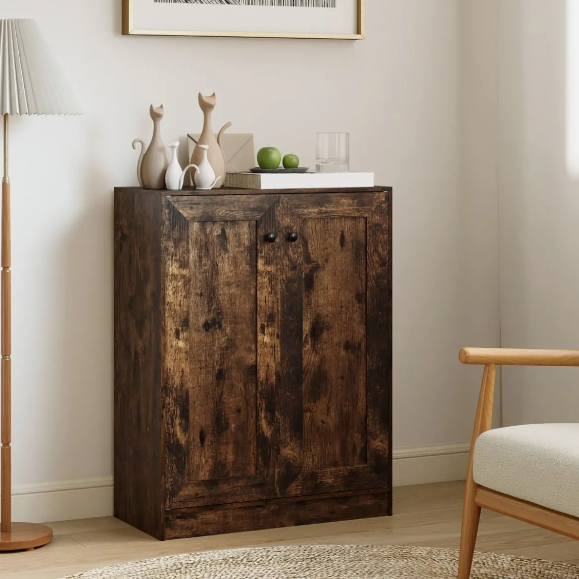Holz Sideboard mit Türen & Verstellbaren Regalen Buffetschrank Bodenablageschrank Rustikales Braun