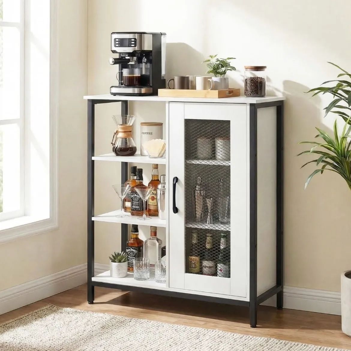Holz Sideboard mit Tür & Verstellbaren Einlegeböden Küchenschrank Vintage Buffetschrank Weiß