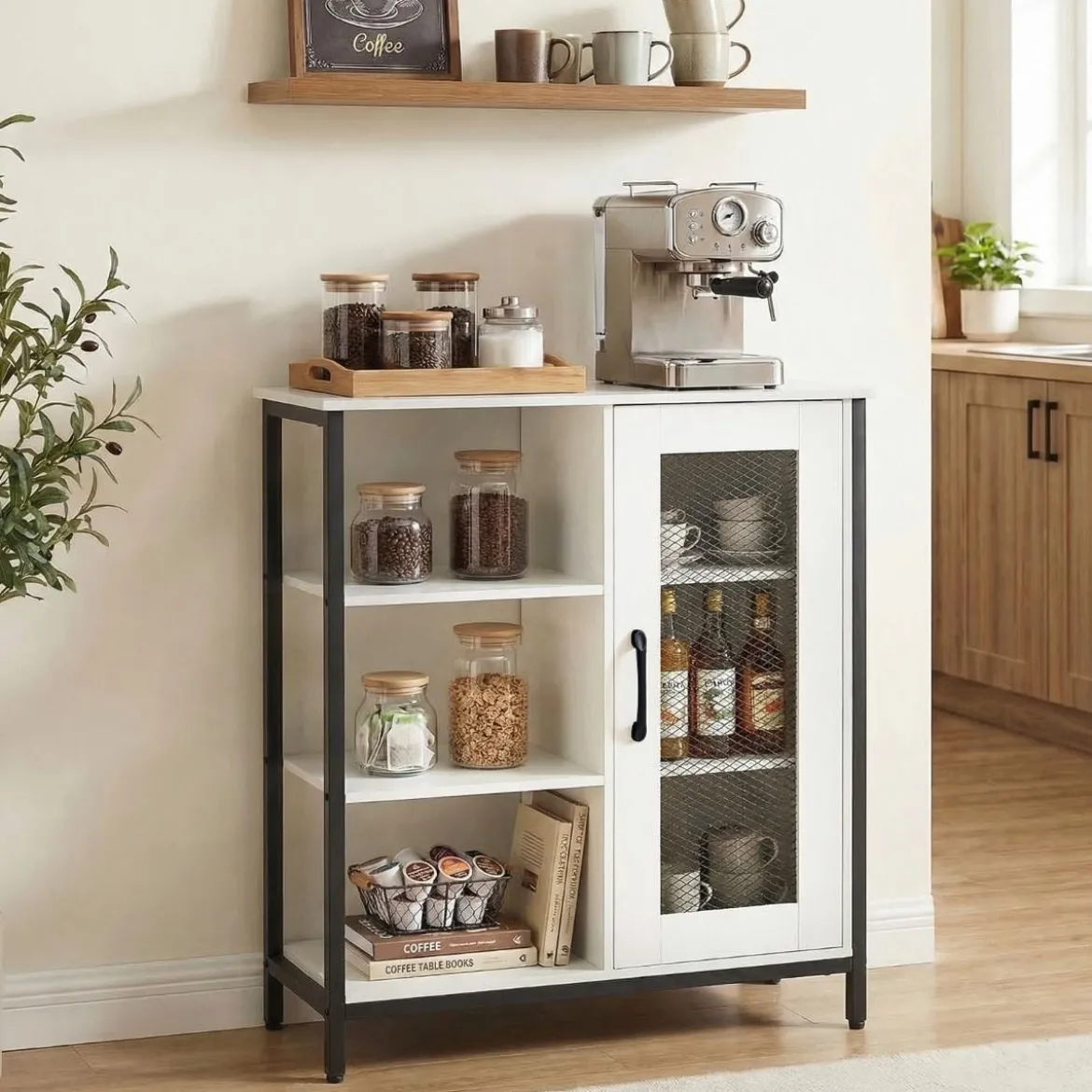 Holz Sideboard mit Tür & Verstellbaren Einlegeböden Küchenschrank Vintage Buffetschrank Weiß