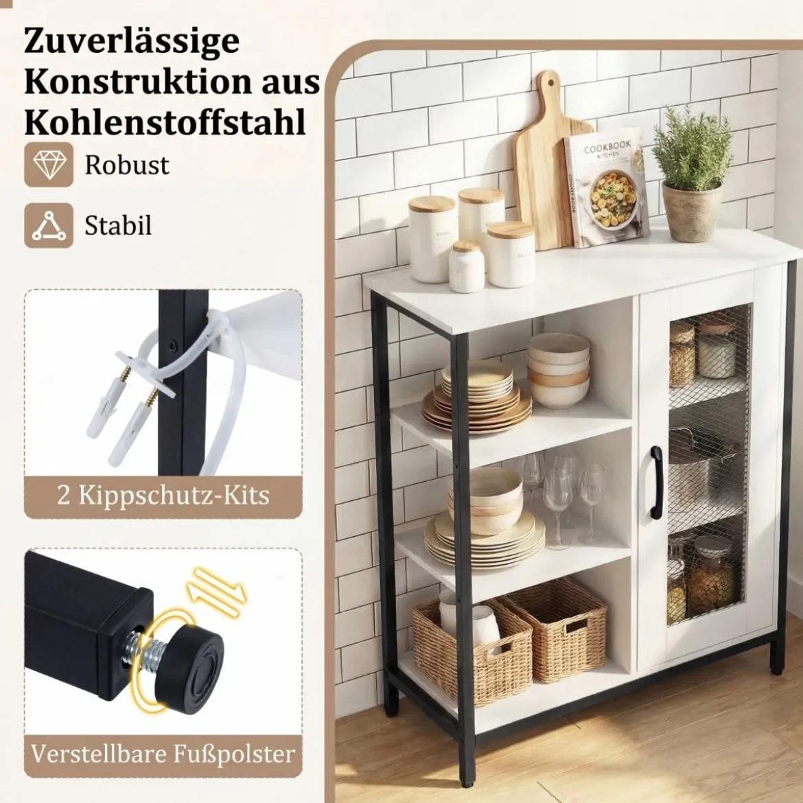 Holz Sideboard mit Tür & Verstellbaren Einlegeböden Küchenschrank Vintage Buffetschrank Weiß