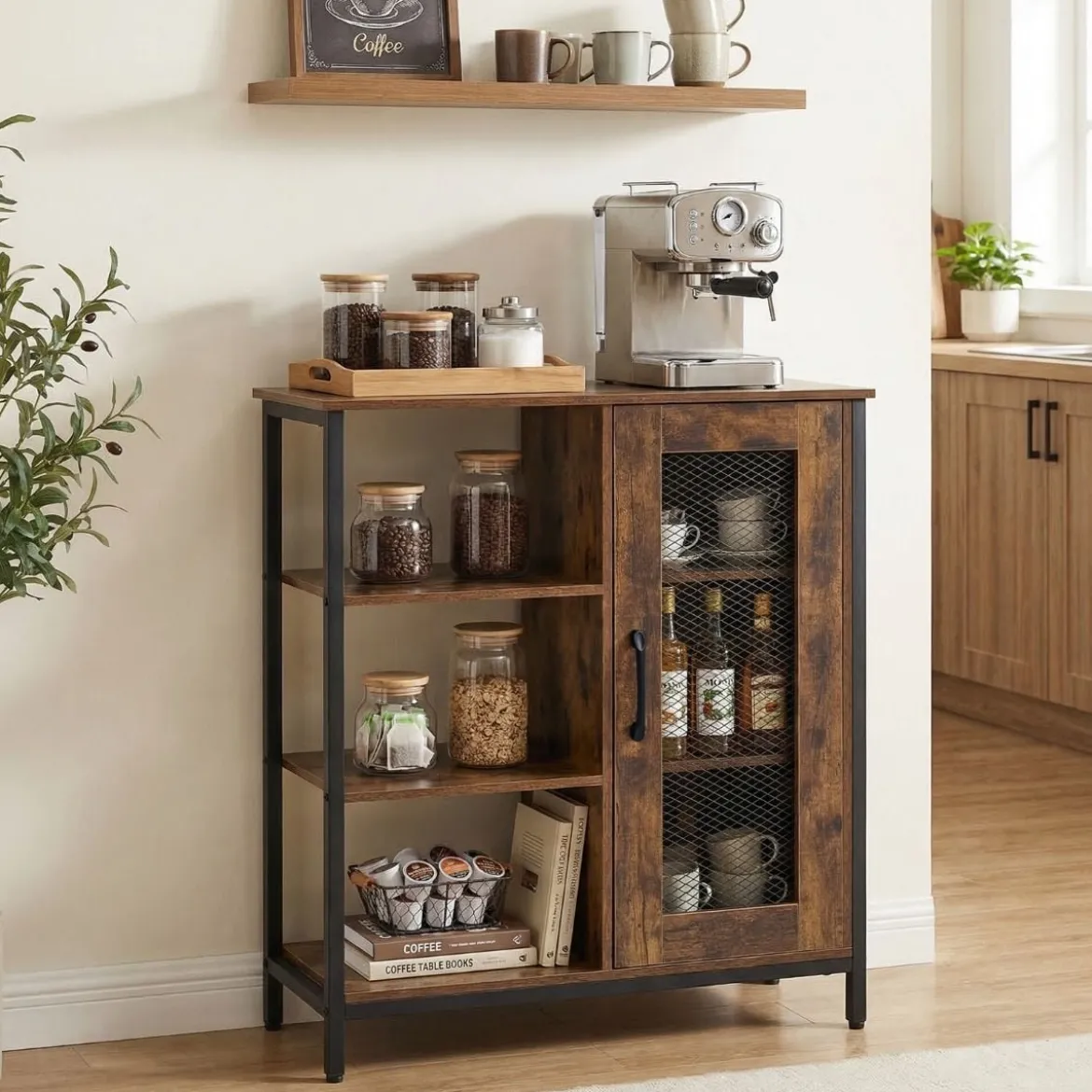Holz Sideboard mit Tür & Verstellbaren Einlegeböden Küchenschrank Vintage Buffetschrank Braun