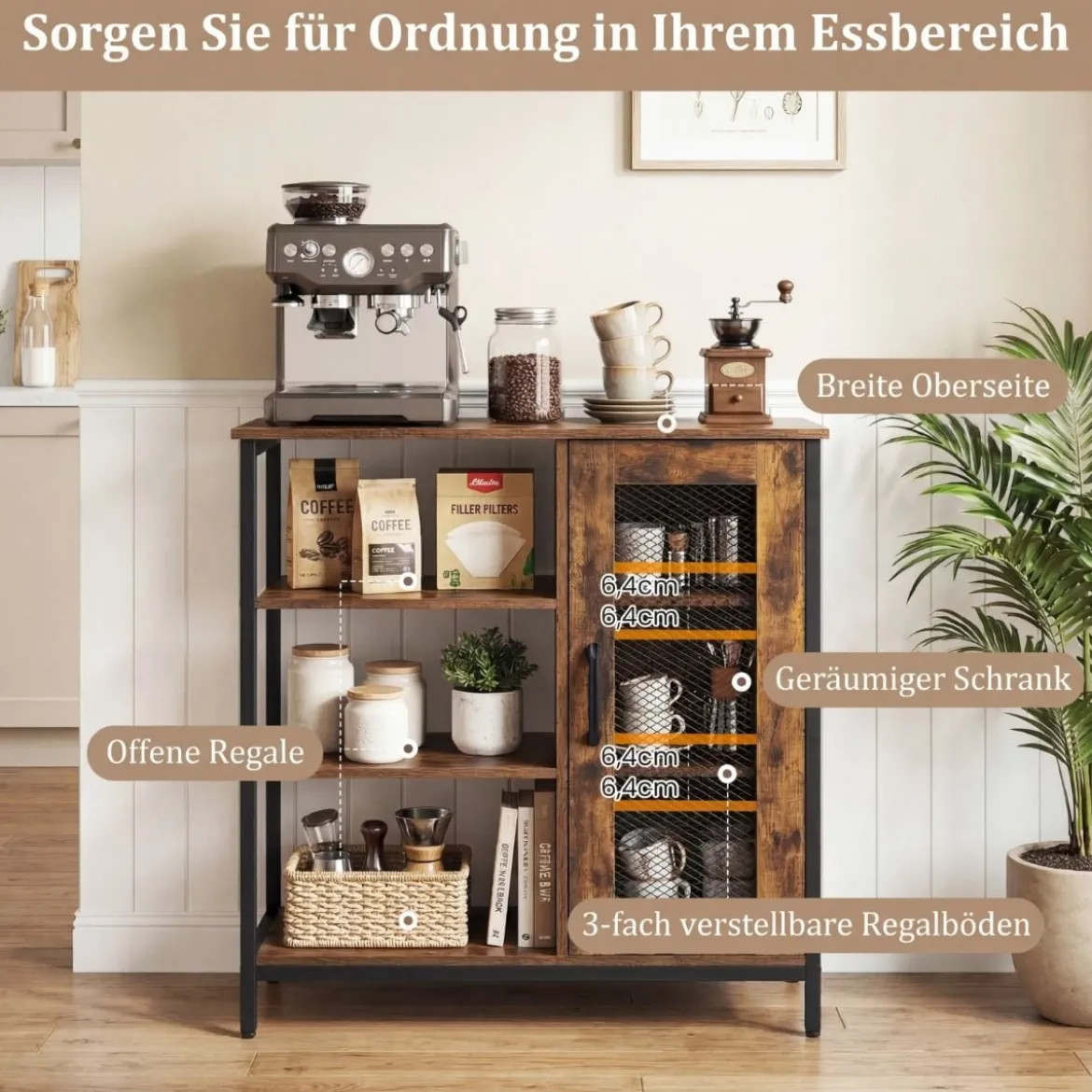 Holz Sideboard mit Tür & Verstellbaren Einlegeböden Küchenschrank Vintage Buffetschrank Braun