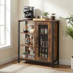Holz Sideboard mit Tür & Verstellbaren Einlegeböden Küchenschrank Vintage Buffetschrank Braun