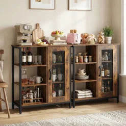 Holz Sideboard mit Tür & Verstellbaren Einlegeböden Küchenschrank Vintage Buffetschrank Braun