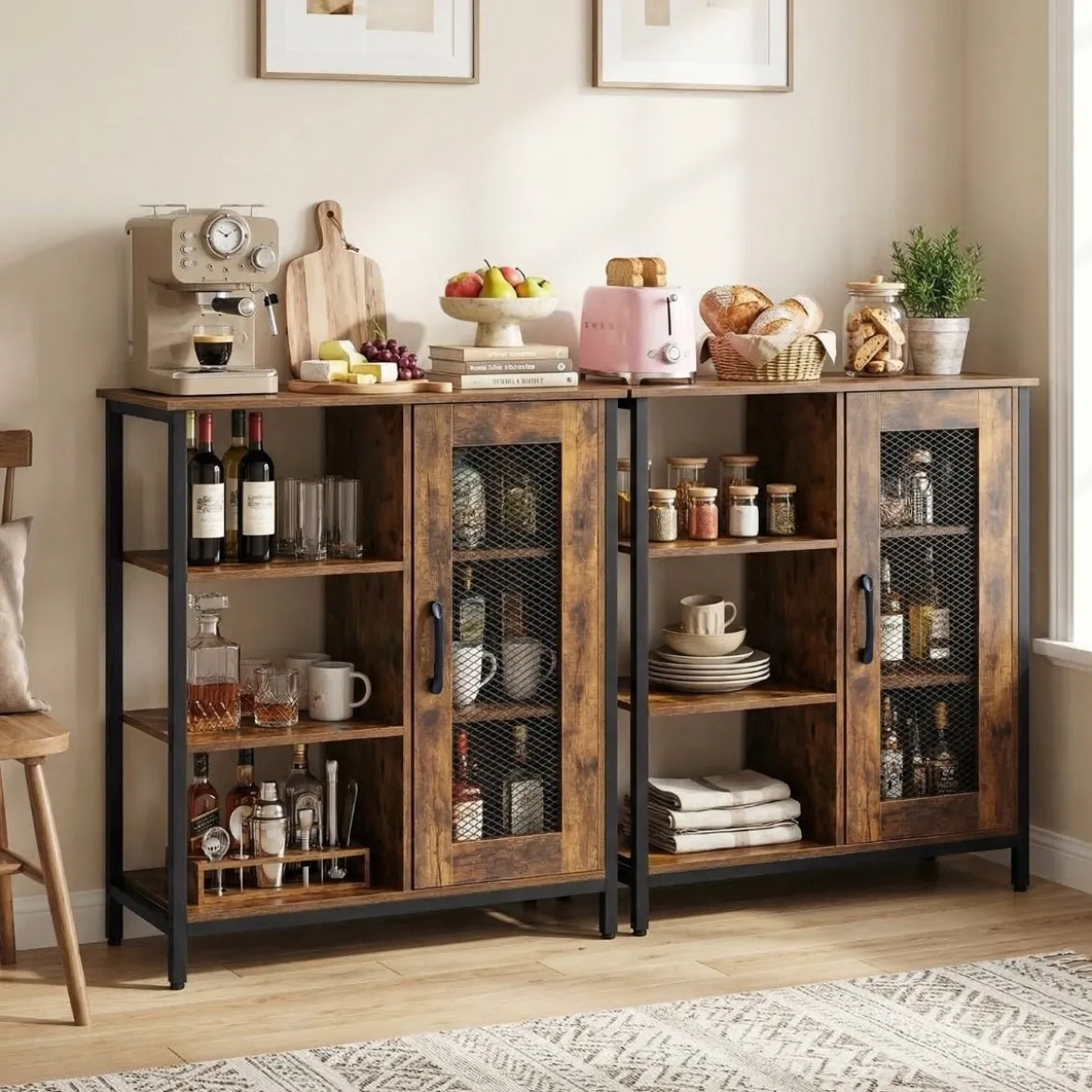 Holz Sideboard mit Tür & Verstellbaren Einlegeböden Küchenschrank Vintage Buffetschrank Braun