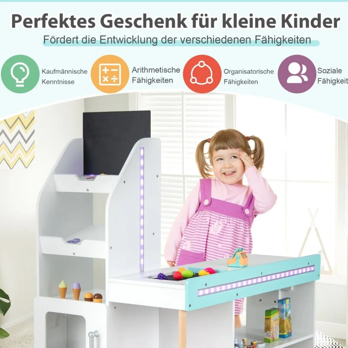 Holz-Supermarkt Spielset mit Kasse & Einkaufswagen & Tafel Spiel Lebensmittelgeschäft