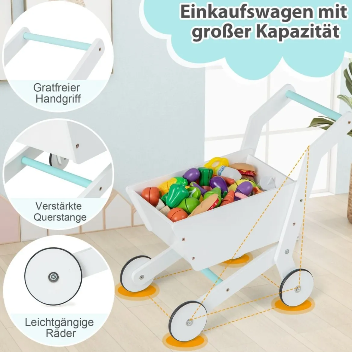 Holz-Supermarkt Spielset mit Kasse & Einkaufswagen & Tafel Spiel Lebensmittelgeschäft