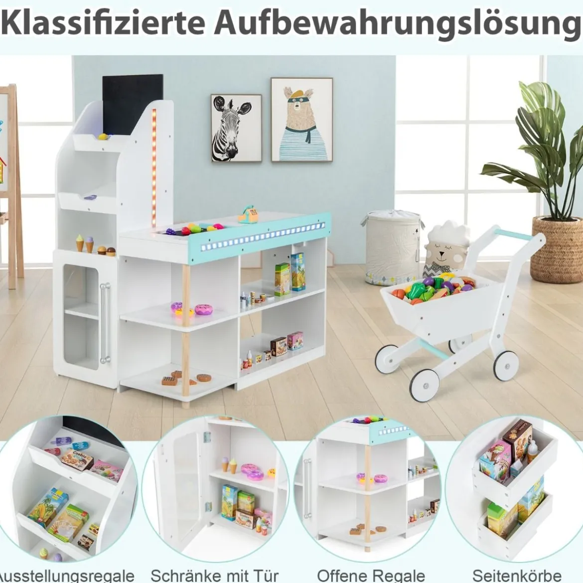 Holz-Supermarkt Spielset mit Kasse & Einkaufswagen & Tafel Spiel Lebensmittelgeschäft