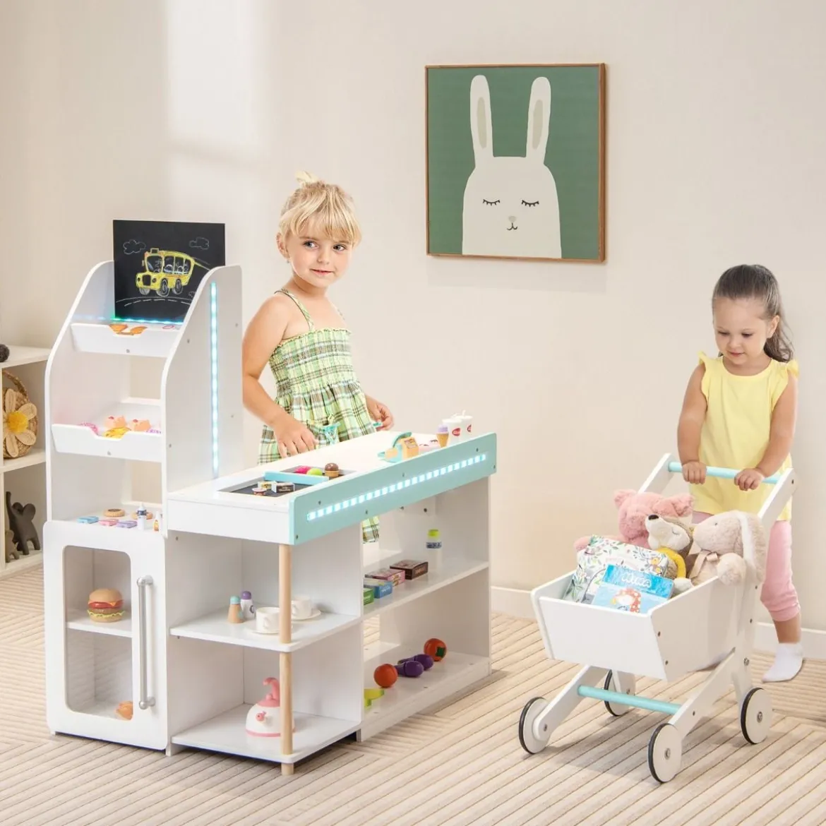 Holz-Supermarkt Spielset mit Kasse & Einkaufswagen & Tafel Spiel Lebensmittelgeschäft
