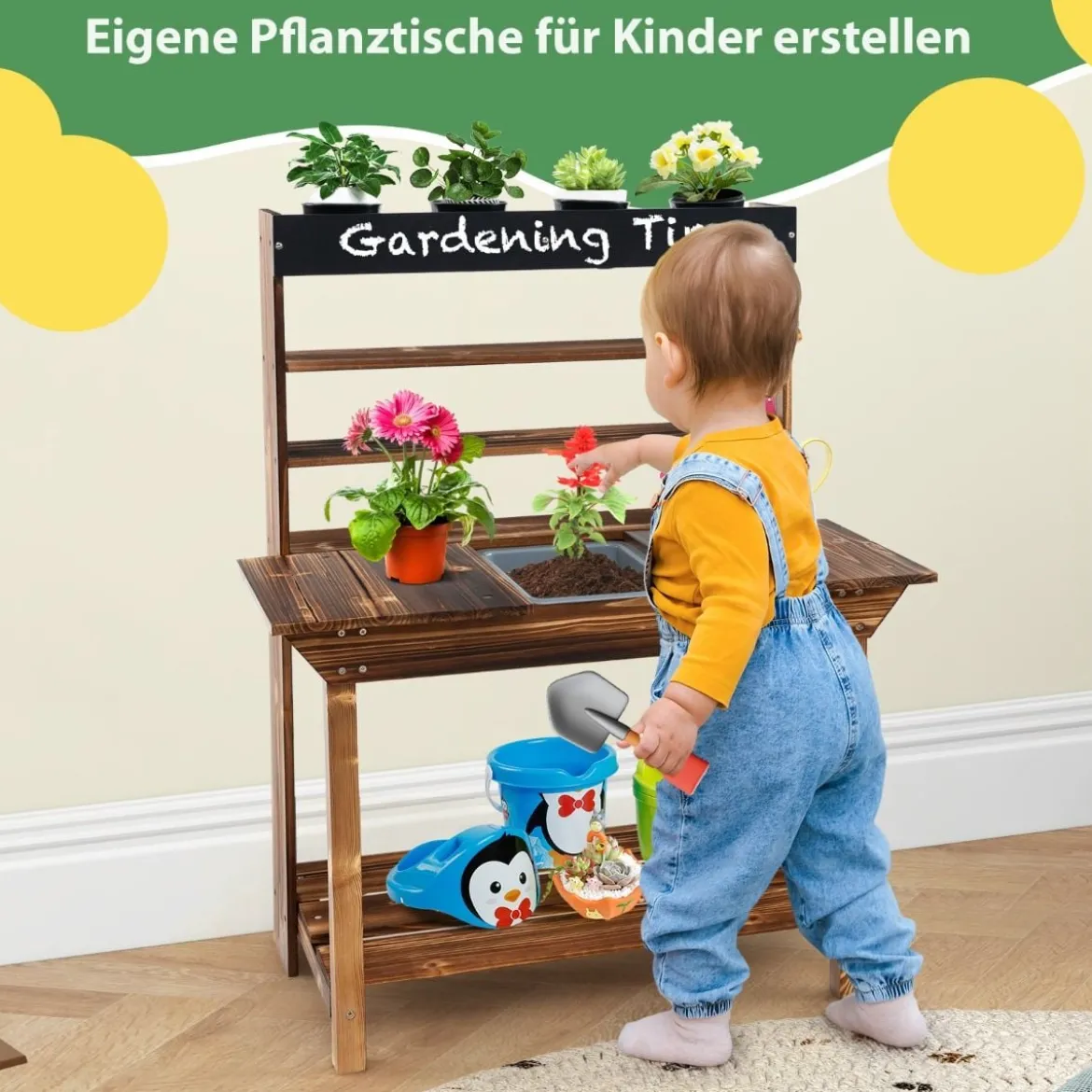 Holztisch mit Massivem Tannenholzrahmen & 4 Blumentöpfen & Abnehmbarem Waschbecken Tannenholz