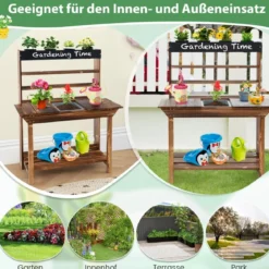 Holztisch mit Massivem Tannenholzrahmen & 4 Blumentöpfen & Abnehmbarem Waschbecken Tannenholz
