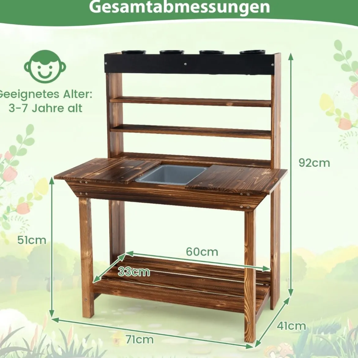 Holztisch mit Massivem Tannenholzrahmen & 4 Blumentöpfen & Abnehmbarem Waschbecken Tannenholz