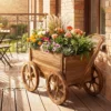 Holzwagen-Pflanzkübel rustikaler Blumenwagen mit Rädern & Griff Pflanzkarre mit Abflussloch Kaffee