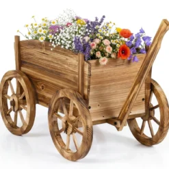 Holzwagen-Pflanzkübel rustikaler Blumenwagen mit Rädern & Griff Pflanzkarre mit Abflussloch Kaffee