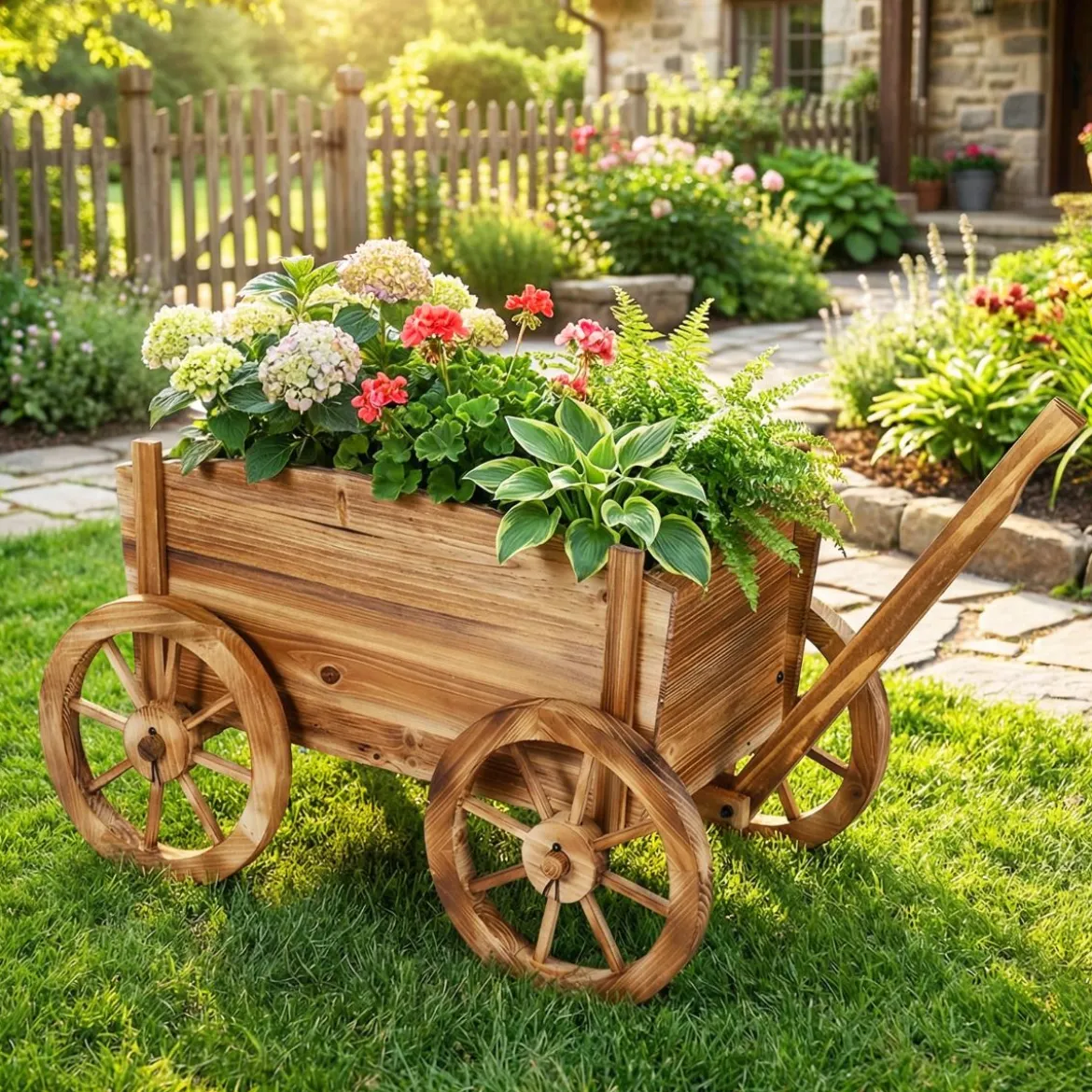 Holzwagen-Pflanzkübel rustikaler Blumenwagen mit Rädern & Griff Pflanzkarre mit Abflussloch Kaffee