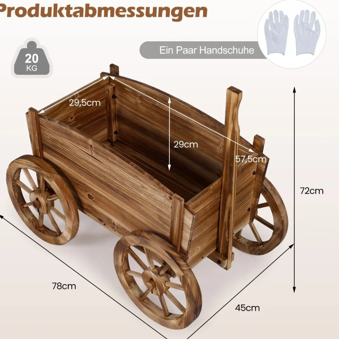 Holzwagen-Pflanzkübel rustikaler Blumenwagen mit Rädern & Griff Pflanzkarre mit Abflussloch Kaffee