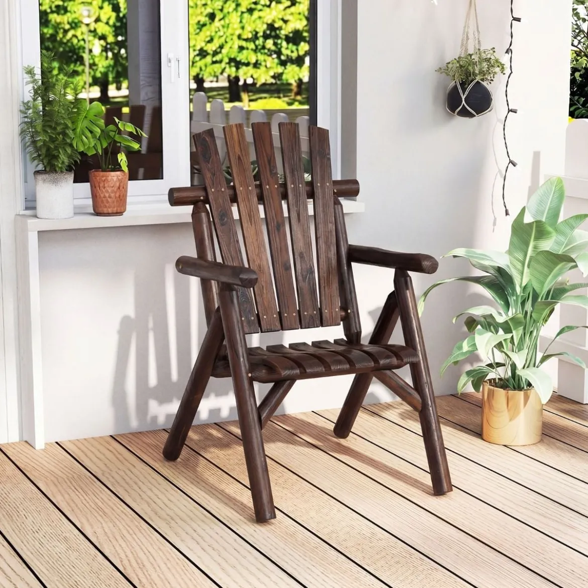 Holz Wetterfester Gartensessel mit Geneigter Rückenlehne & Armlehnen Gartenstuhl Braun