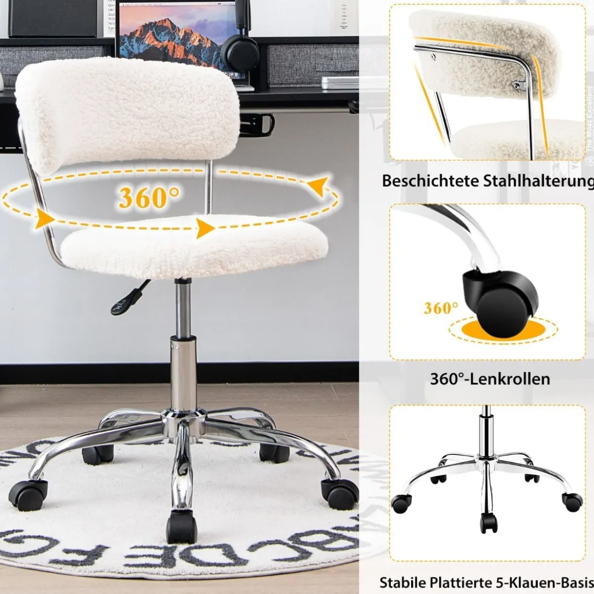 Home Office Drehstuhl aus Kunstpelz mit Höhenverstellbarem gepolstertem Sitz Weiß
