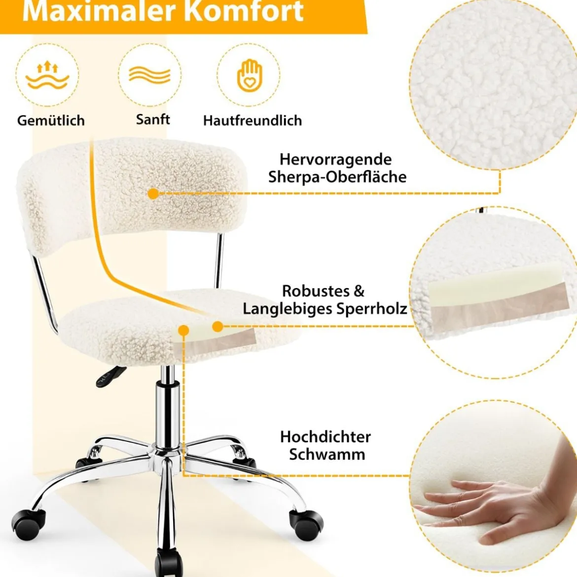 Home Office Drehstuhl aus Kunstpelz mit Höhenverstellbarem gepolstertem Sitz Weiß