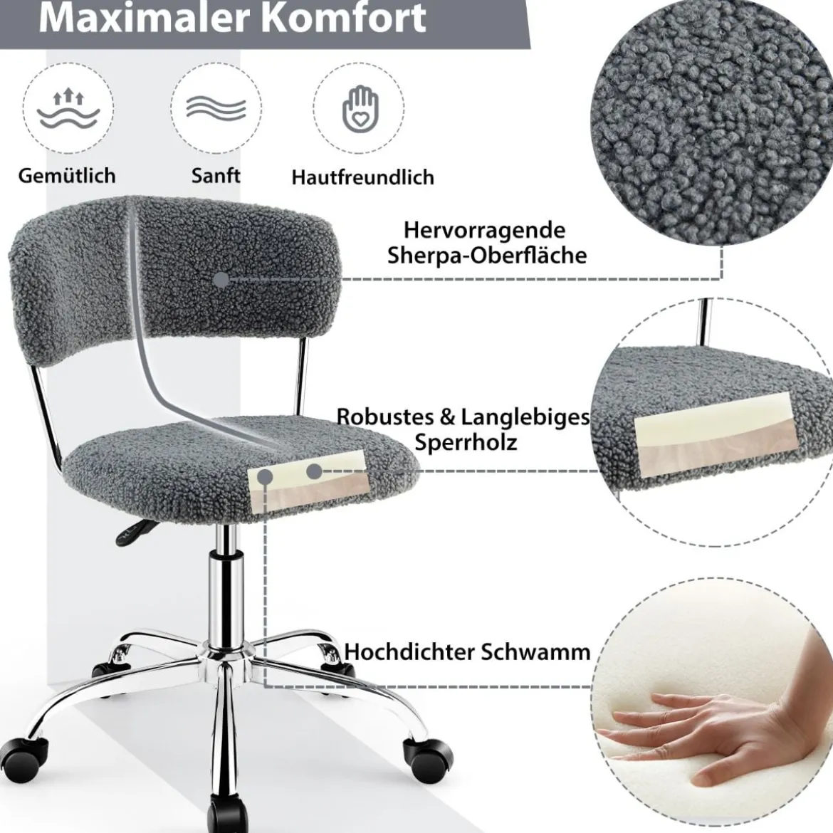 Home Office Drehstuhl aus Kunstpelz mit Höhenverstellbarem gepolstertem Sitz Grau