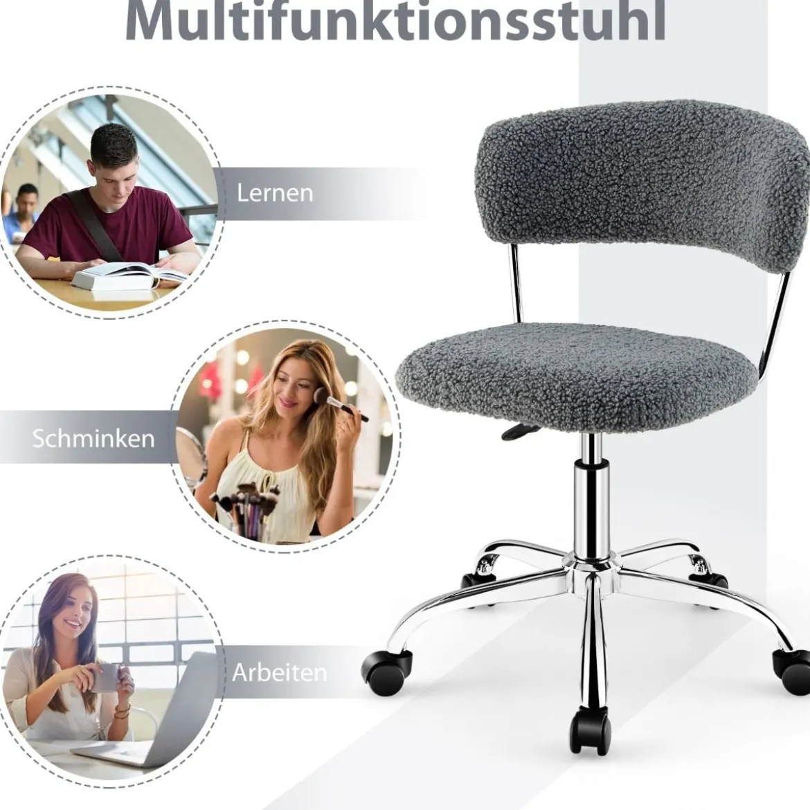 Home Office Drehstuhl aus Kunstpelz mit Höhenverstellbarem gepolstertem Sitz Grau