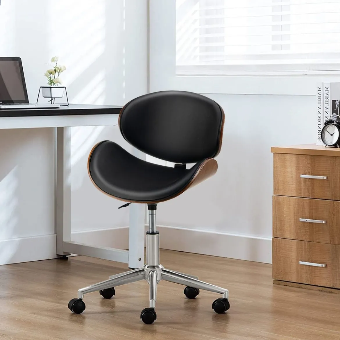 Home Office Schreibtischstuhl mit Gebogenem Drehsitz und Verstellbarer Höhe Schwarz