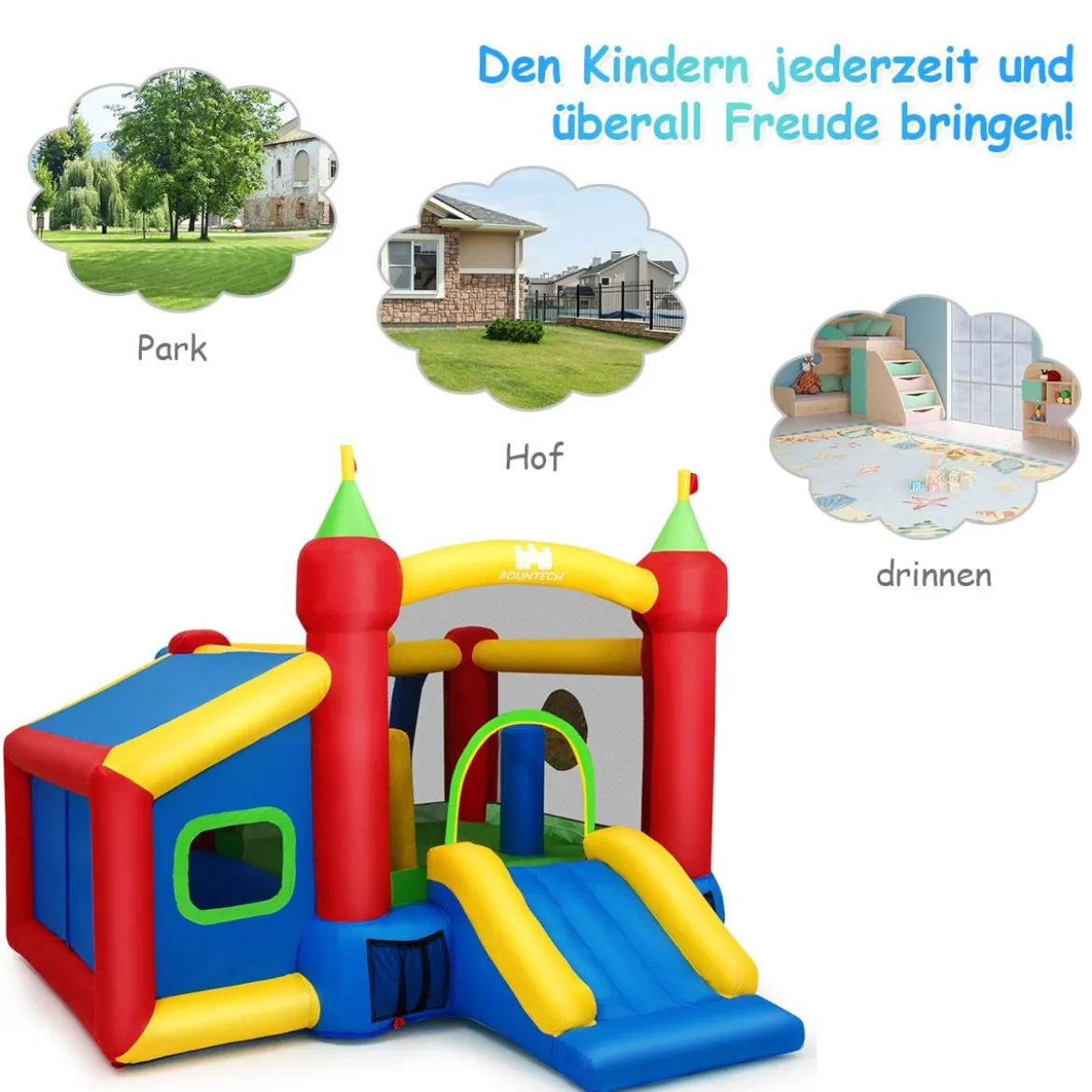 Hüpfburg Aufblasbare Kinder Springburg Spielburg mit Rutsche Bunt 380 x 305 x 215 cm