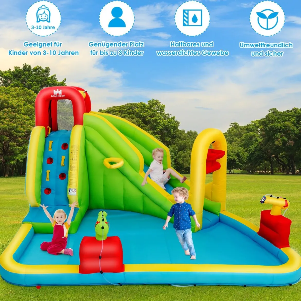 Hüpfburg Aufblasbarer Spielpool Wasserpark Planschbecken mit Rutsche 400 x 335 x 230 cm Farbig