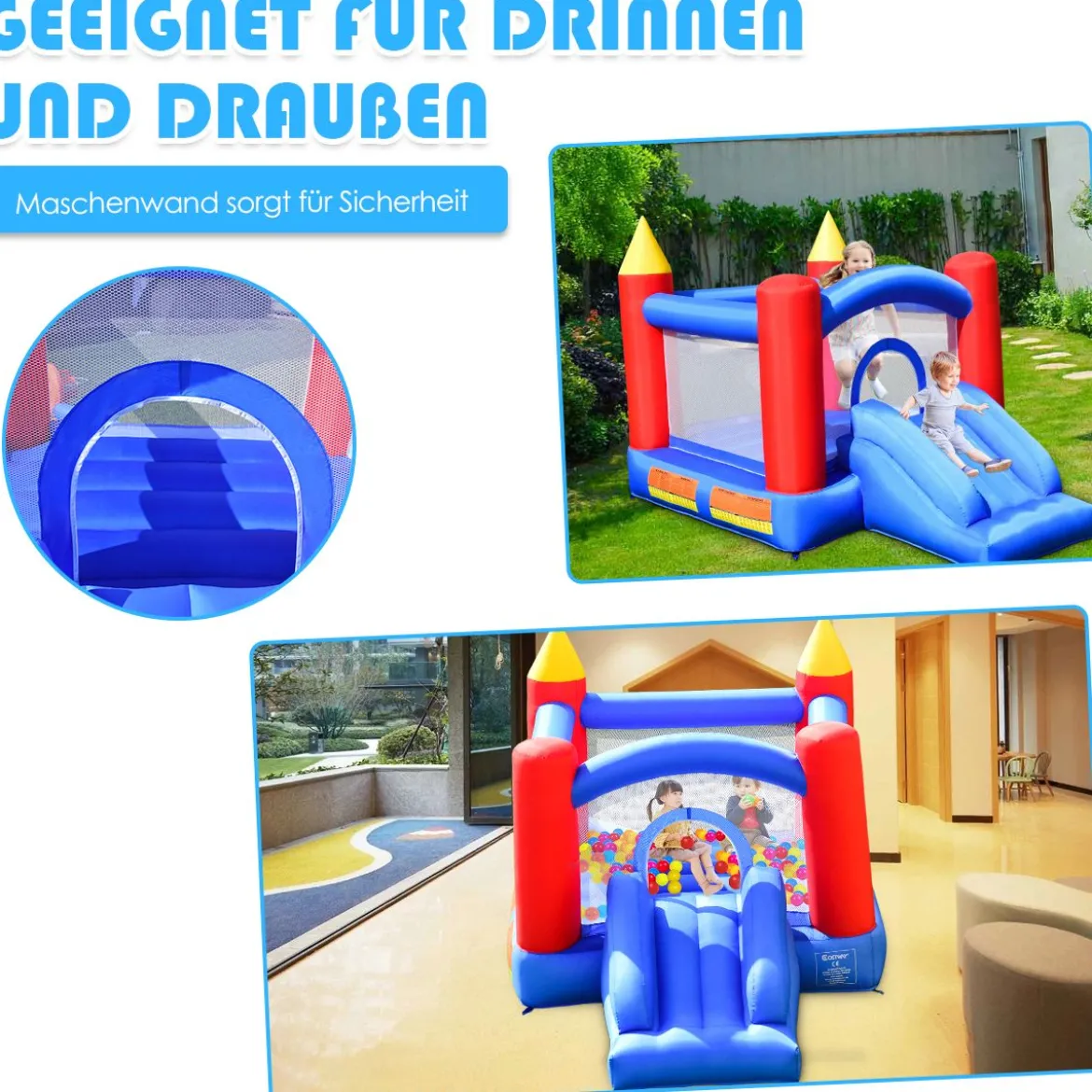 Hüpfburg Aufblasbares Outdoor Springburg mit 4 Säulen Rutsche Komplett-Set 3x2x2m