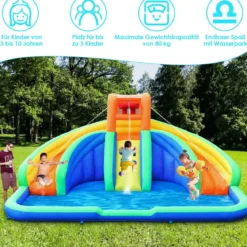 Hüpfburg aufblasbar Spielpool Wasserpark mit 2 Rutschen und Kletterwand 4,5x3x2M