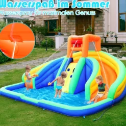 Hüpfburg aufblasbar Spielpool Wasserpark mit 2 Rutschen und Kletterwand 4,5x3x2M