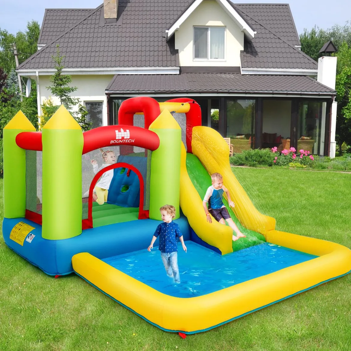 Hüpfburg aufblasbar Wasserrutsche Spielpool Planschbecken mit Rutsche 350 x 280 x 190cm
