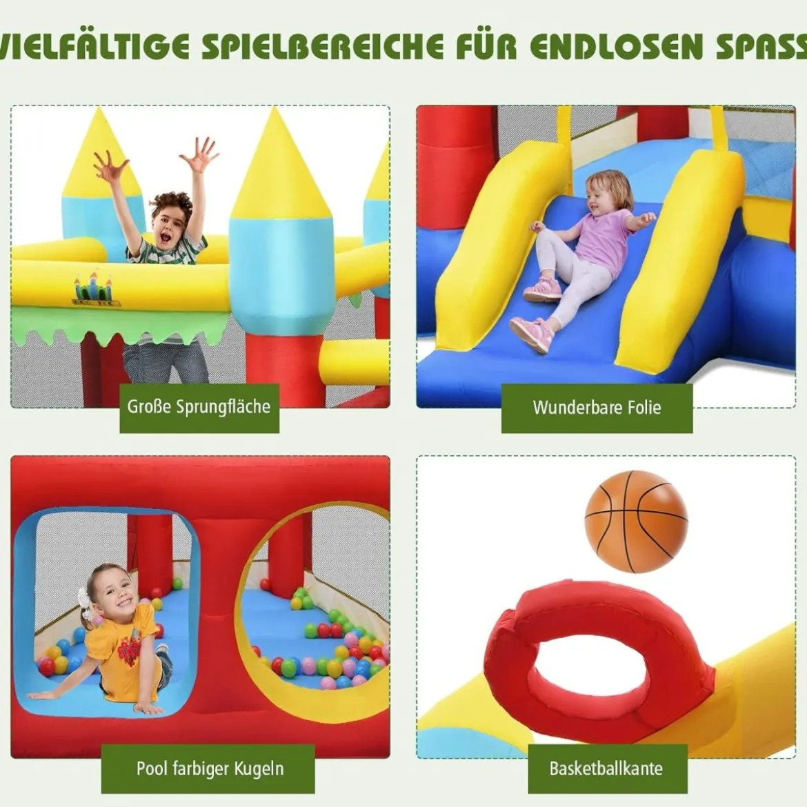 Hüpfburg mit Gebläse & Rutsche & Sprungbereich & Basketballkorb & 100 Bälle & Tragetasche