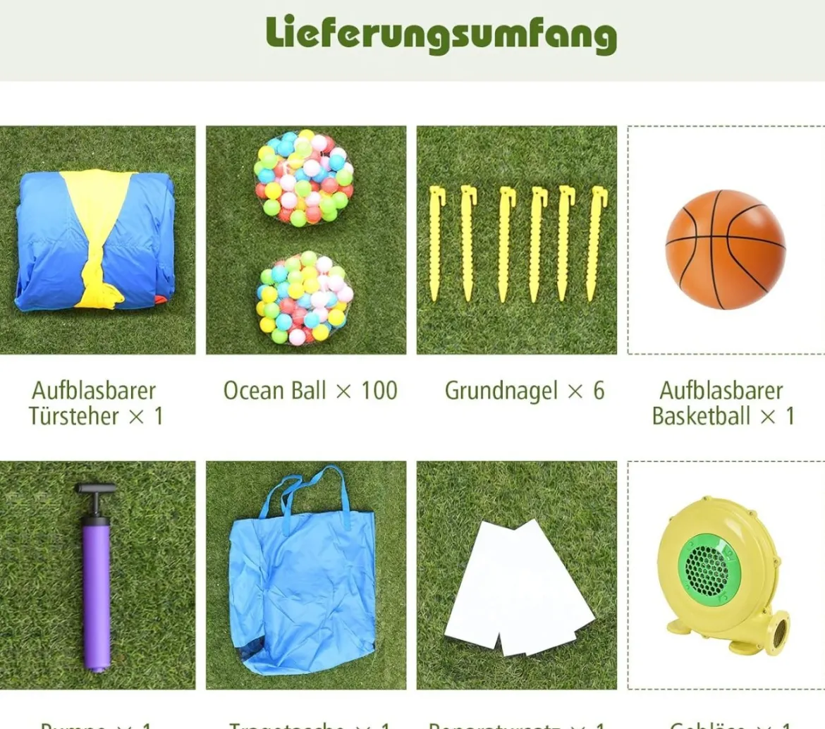 Hüpfburg mit Gebläse & Rutsche & Sprungbereich & Basketballkorb & 100 Bälle & Tragetasche