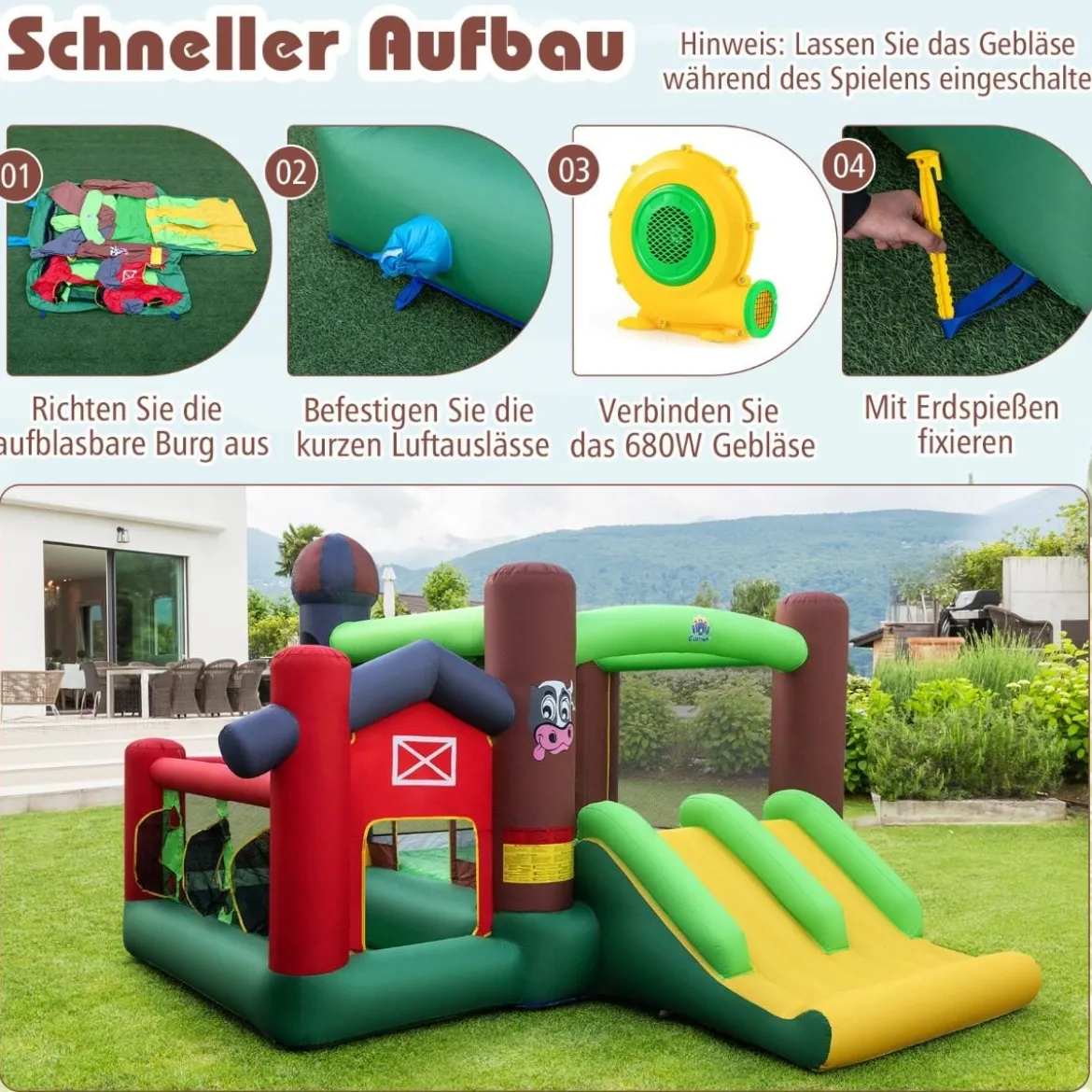 Hüpfburg mit Gebläse Rutsche Sprungbereich Basketballkorb Wurfspiel 356 x 332 x 225 cm