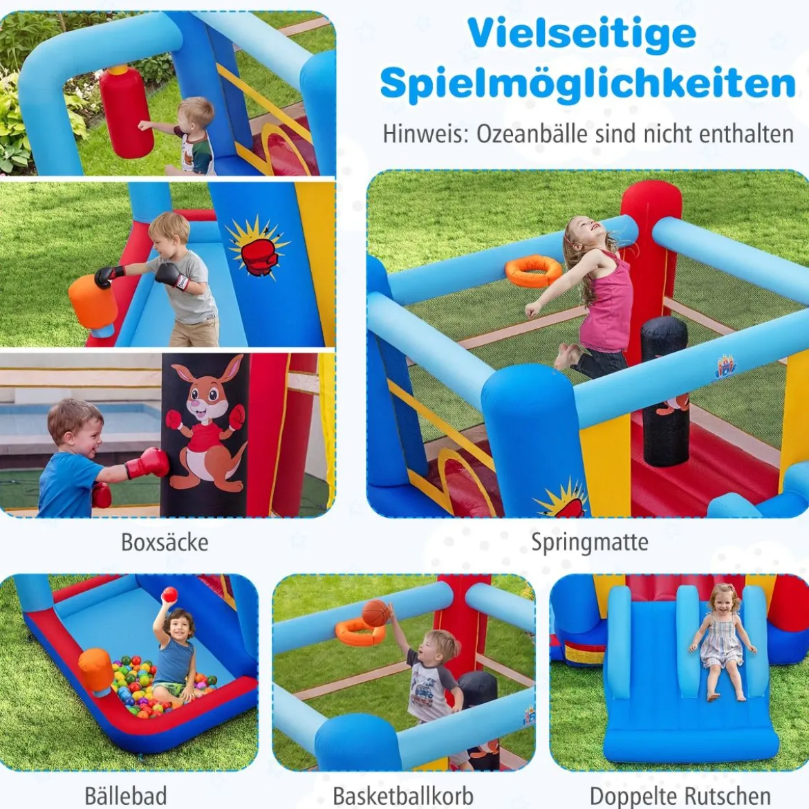 Hüpfburg mit Gebläse & Rutsche & Sprungbereich & Basketballkorb & Boxsäcken & Bällebad Bouncy Castle