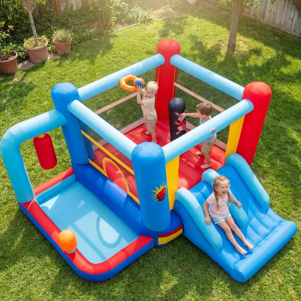 Hüpfburg mit Gebläse & Rutsche & Sprungbereich & Basketballkorb & Boxsäcken & Bällebad Bouncy Castle