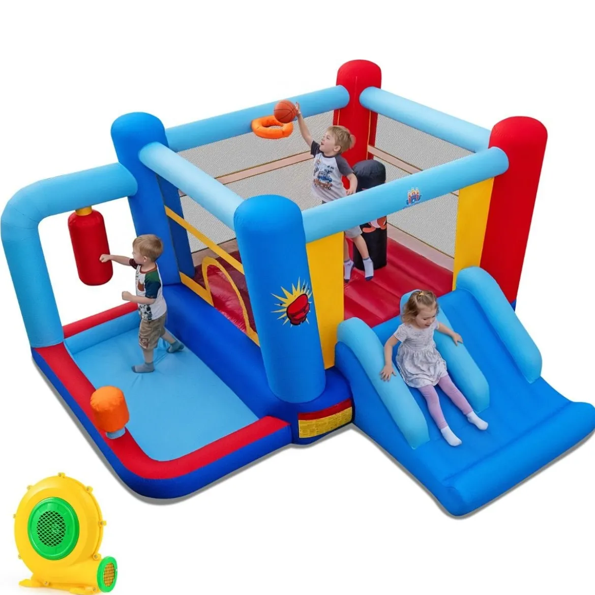 Hüpfburg mit Gebläse & Rutsche & Sprungbereich & Basketballkorb & Boxsäcken & Bällebad Bouncy Castle