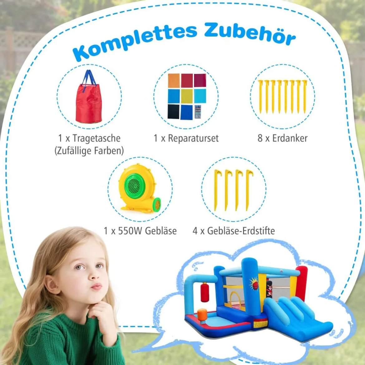 Hüpfburg mit Gebläse & Rutsche & Sprungbereich & Basketballkorb & Boxsäcken & Bällebad Bouncy Castle