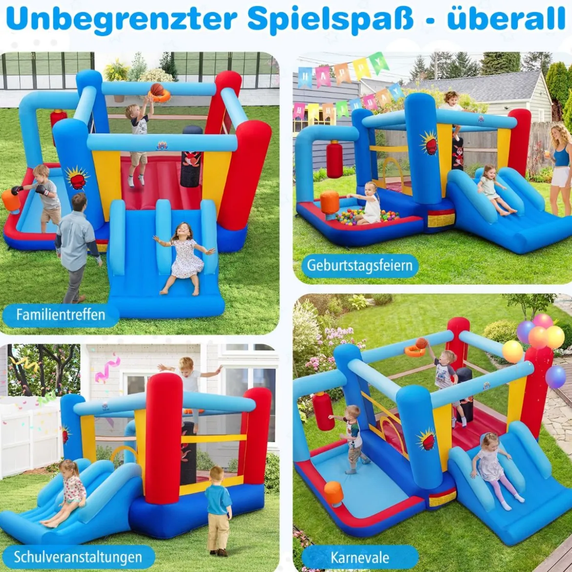 Hüpfburg mit Gebläse & Rutsche & Sprungbereich & Basketballkorb & Boxsäcken & Bällebad Bouncy Castle