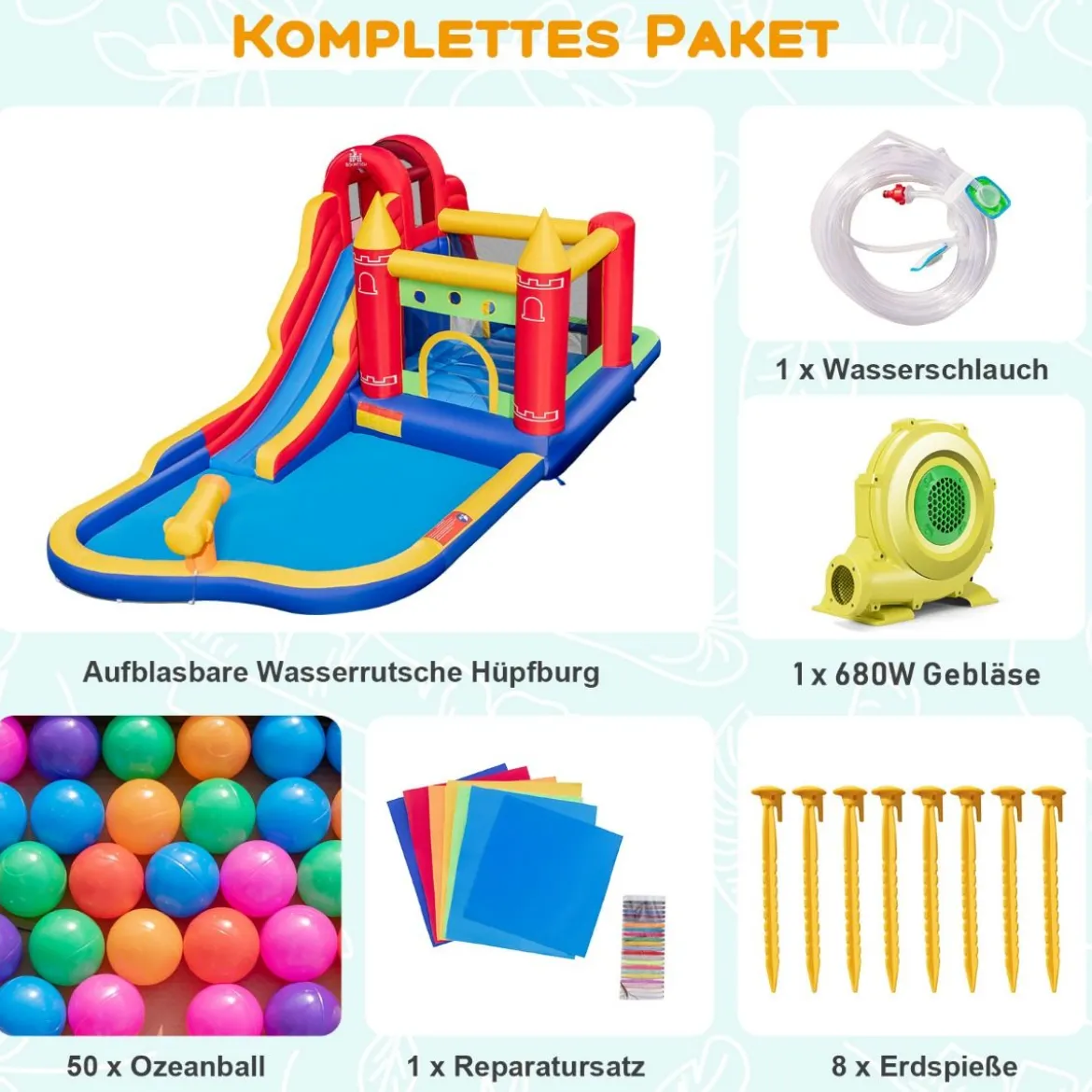 Hüpfburg mit Gebläse Trocken-/Wasserrutsche Kletterwand Sprungbereich 624 x 270 x 235 cm