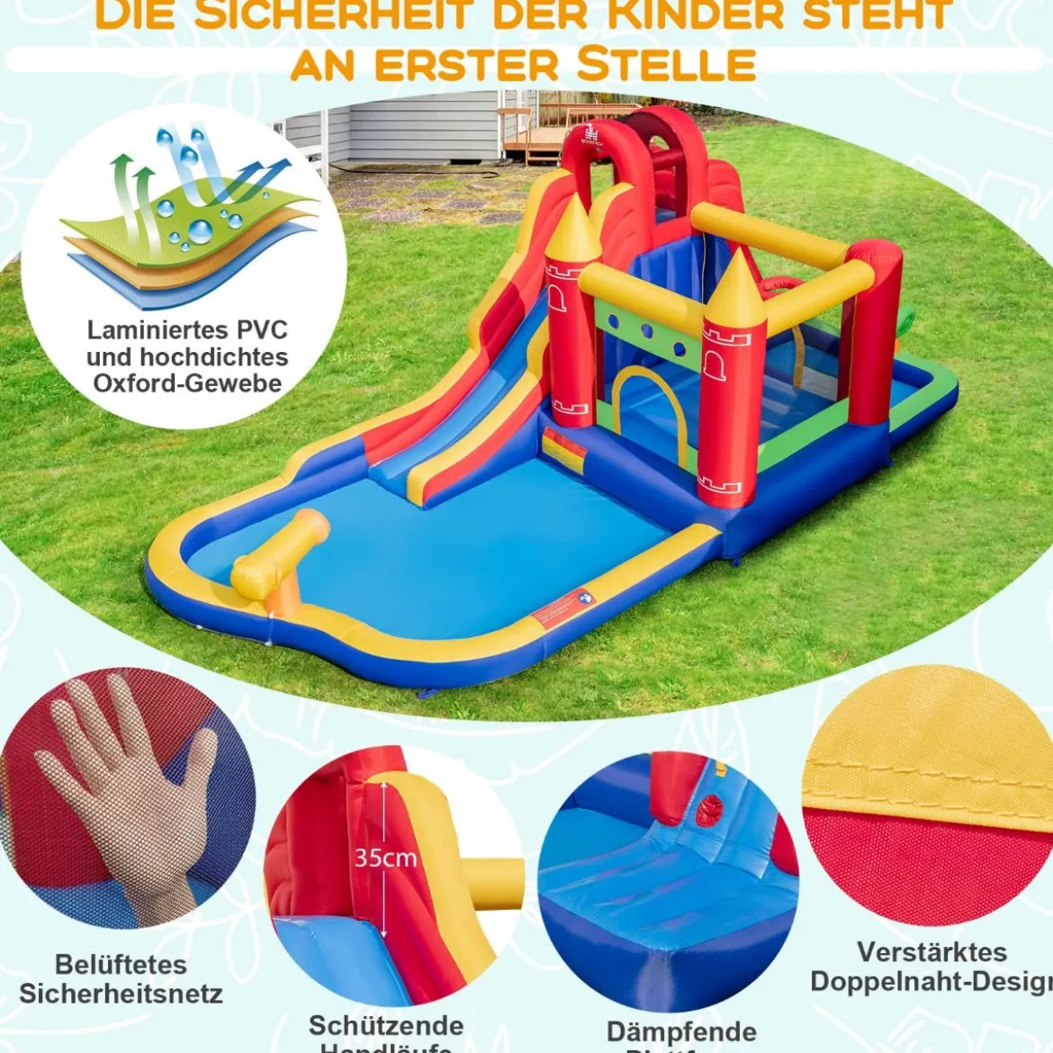 Hüpfburg mit Gebläse Trocken-/Wasserrutsche Kletterwand Sprungbereich 624 x 270 x 235 cm