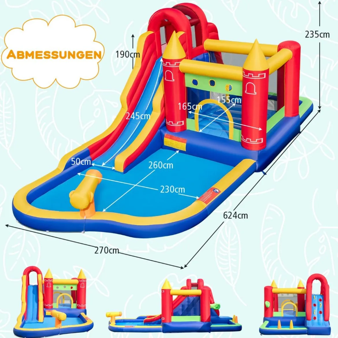Hüpfburg mit Gebläse Trocken-/Wasserrutsche Kletterwand Sprungbereich 624 x 270 x 235 cm
