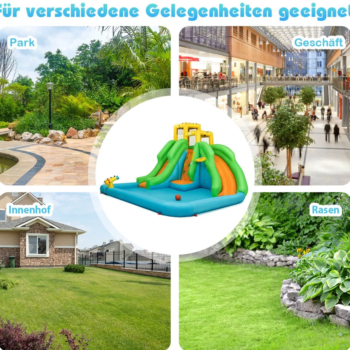 Hüpfburg mit Gebläse Wasserpark mit Zwei Rutschen 400 x 361 x 255 cm (mit 480W Luftgebläse)
