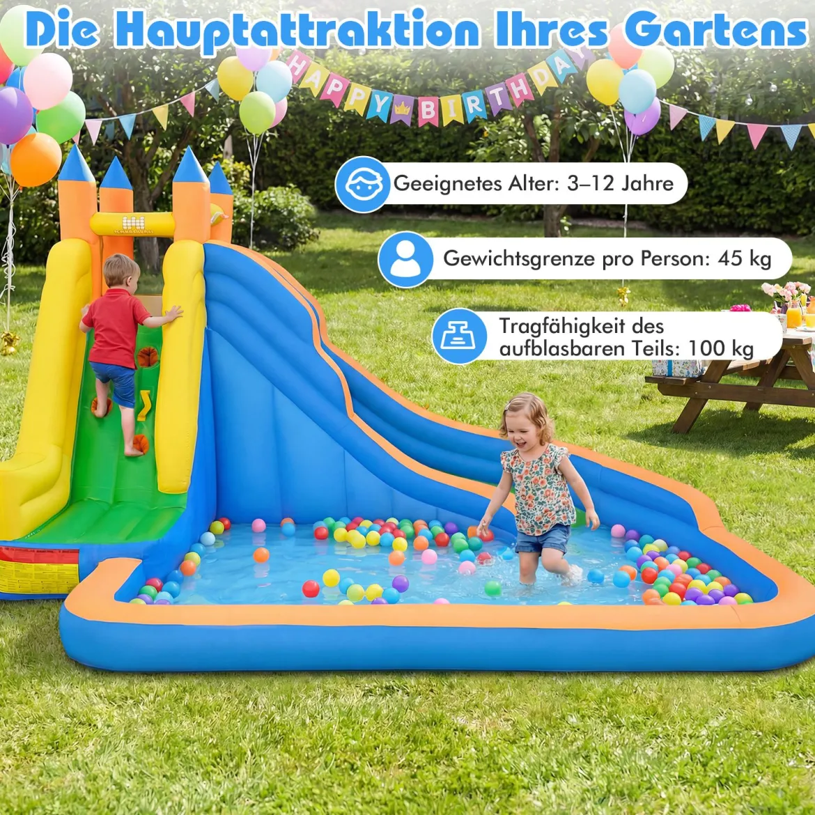 Hüpfburg mit Rutsche Kletterwand Planschbecken ab 3 Jahren bis 100kg 400 x 309 x 245 cm Mehrfarbig