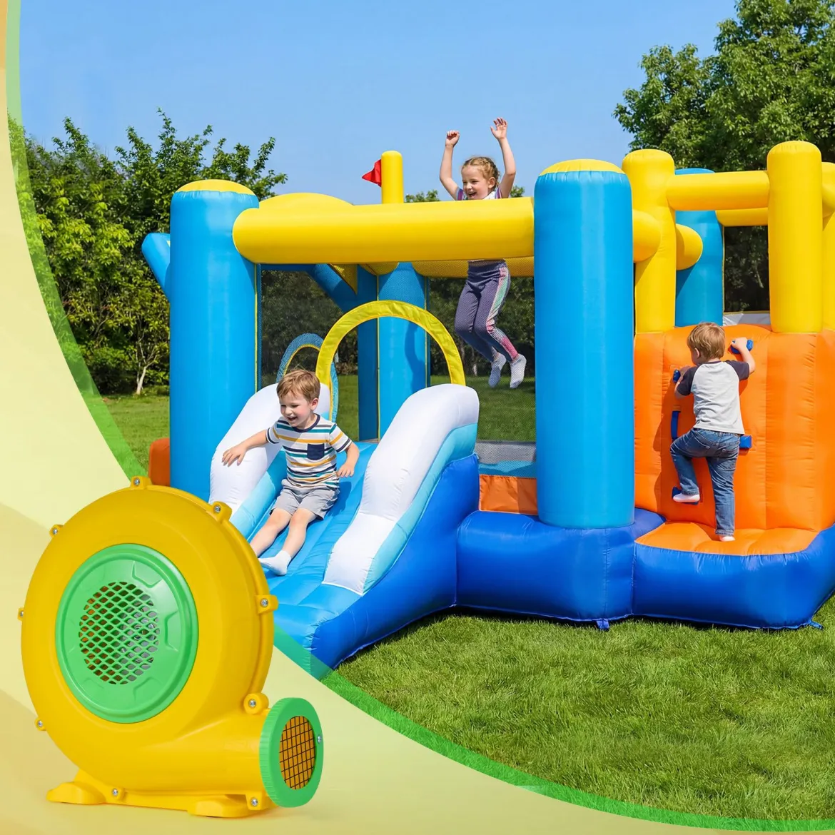 Hüpfburg mit Rutsche Kletterwand Mehrfarbig+550W Hüpfburge-Gebläse mit Griff & Erdspießen Set