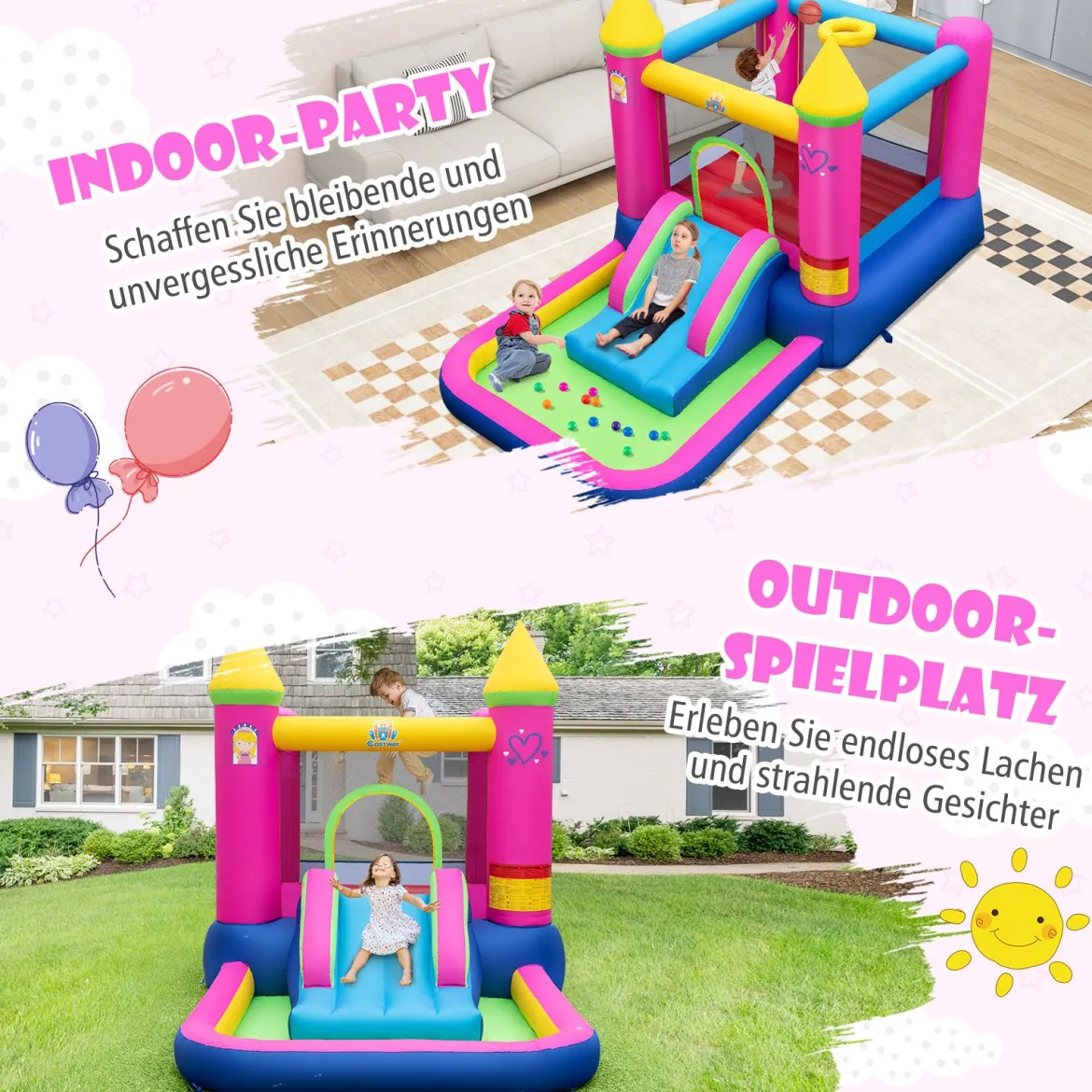 Hüpfburg mit Rutsche Sprungbereich Bällebad & Basketballkorb für Indoor und Outdoor inkl. Tragetasche Reparaturset 363 x 202 x 205 cm
