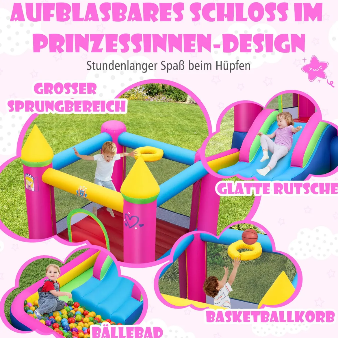 Hüpfburg mit Rutsche Sprungbereich Bällebad & Basketballkorb für Indoor und Outdoor inkl. Tragetasche Reparaturset 363 x 202 x 205 cm