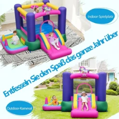 Hüpfburg mit Rutsche Sprungbereich Basketballkorb Bällebad Ringwurfspiel & Wurfspiel für Indoor und Outdoor (ohne Gebläse)