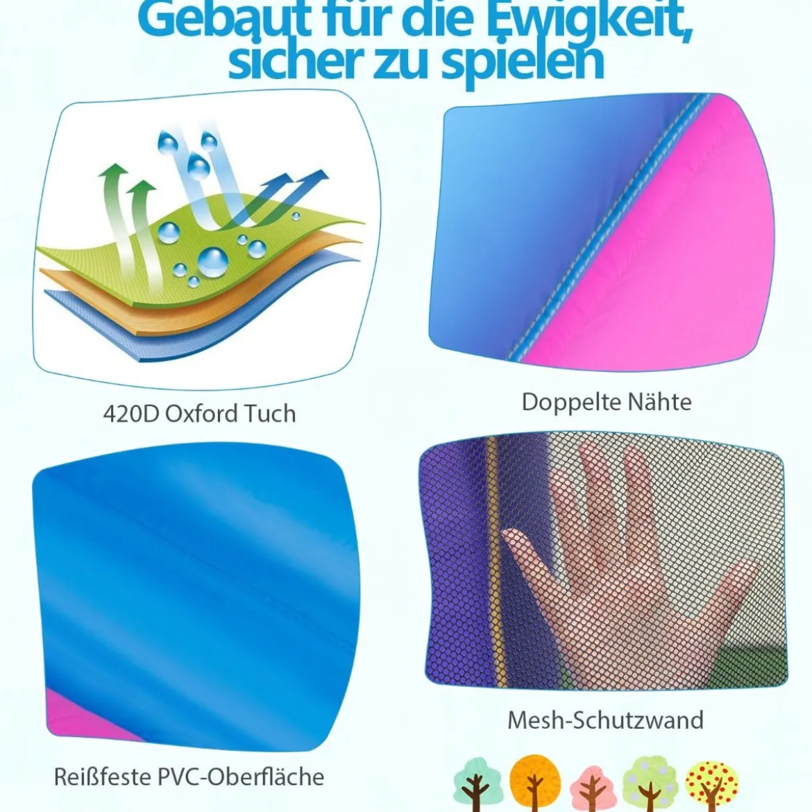 Hüpfburg mit Rutsche Sprungbereich Basketballkorb Bällebad Ringwurfspiel & Wurfspiel für Indoor und Outdoor (ohne Gebläse)